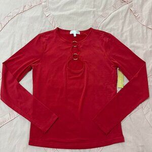 Riley & James retro, red long sleeve blouse with circular cutouts & gold details